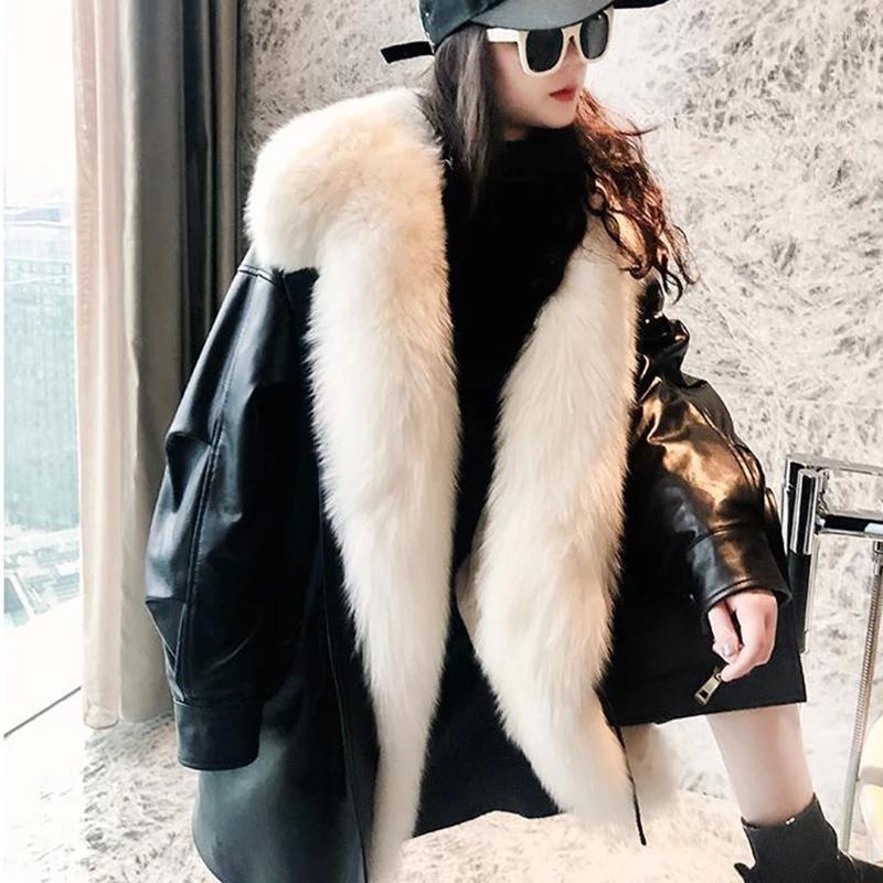 

Women' Fur Luck A Women Winter Faux Warm Coats Vintage Leather Female Thick Jackets Casual Street Lady Collar Loose Outwears, Black