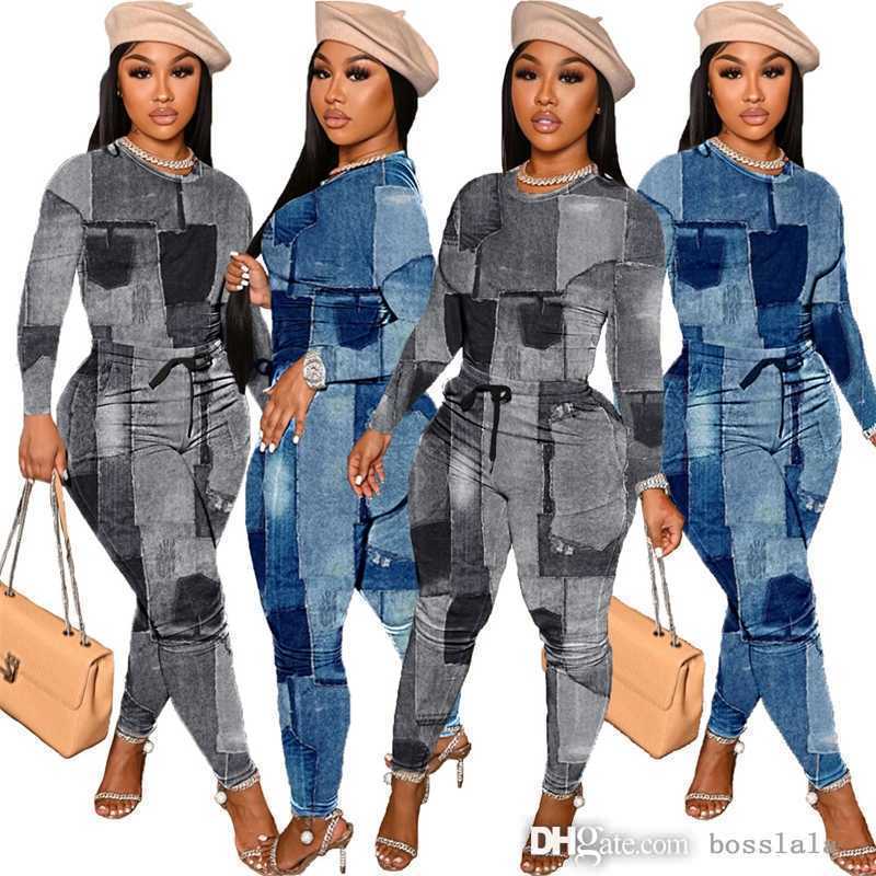 

Fashion Imitation Denim Print Pants Set Autumn And Winter Women's Casual Twine Pocket Two Piece Tracksuits, Black