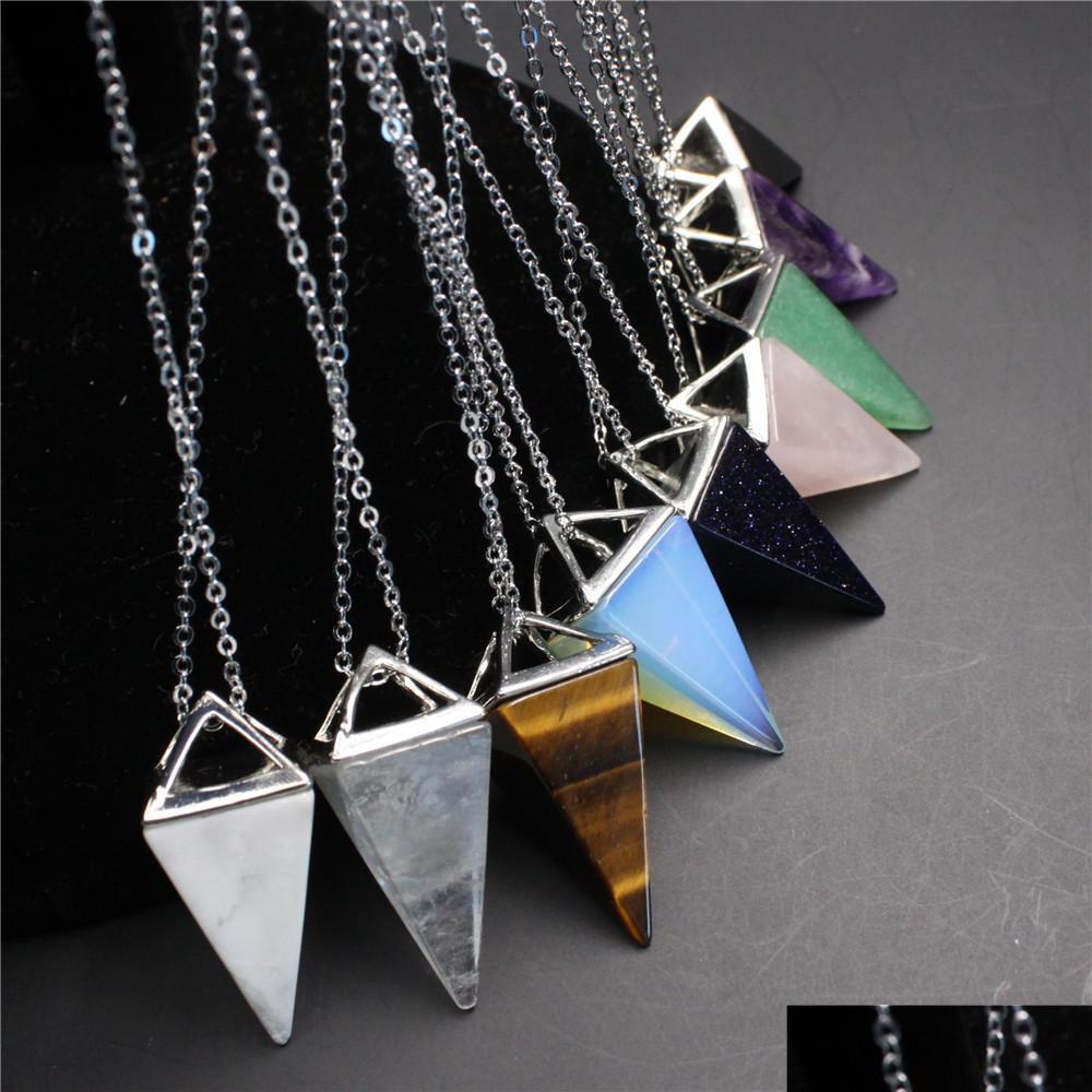 

Pendant Necklaces Square Pyramid Cone Stone Opal Crystal Pendum Pendant Necklace Chakra Healing Jewelry For Women Men Chain Drop Del Dhack