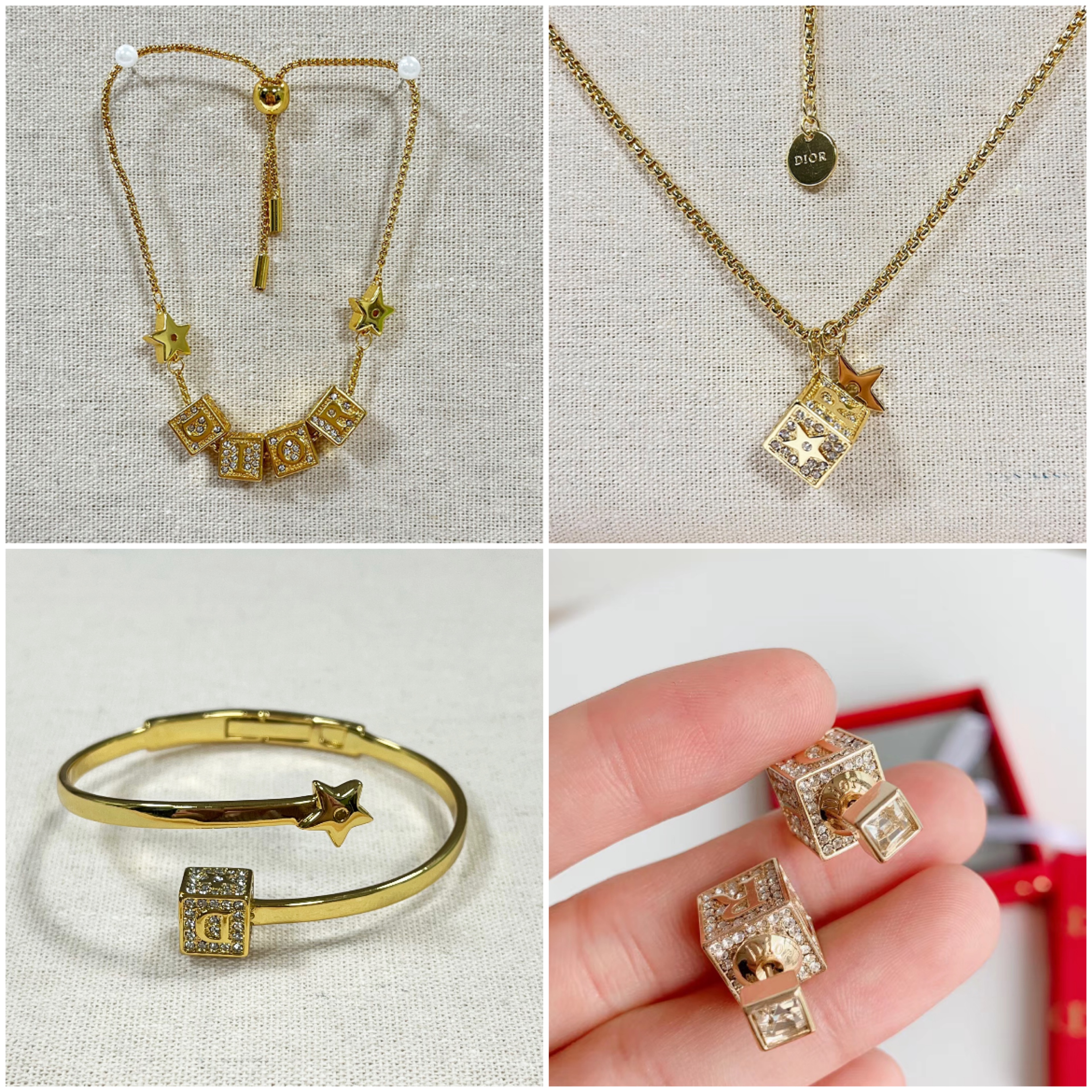 

Dupe Di-or Jewelry Set Square Pendant Gold Necklace Bracelet Bangle Earstuds