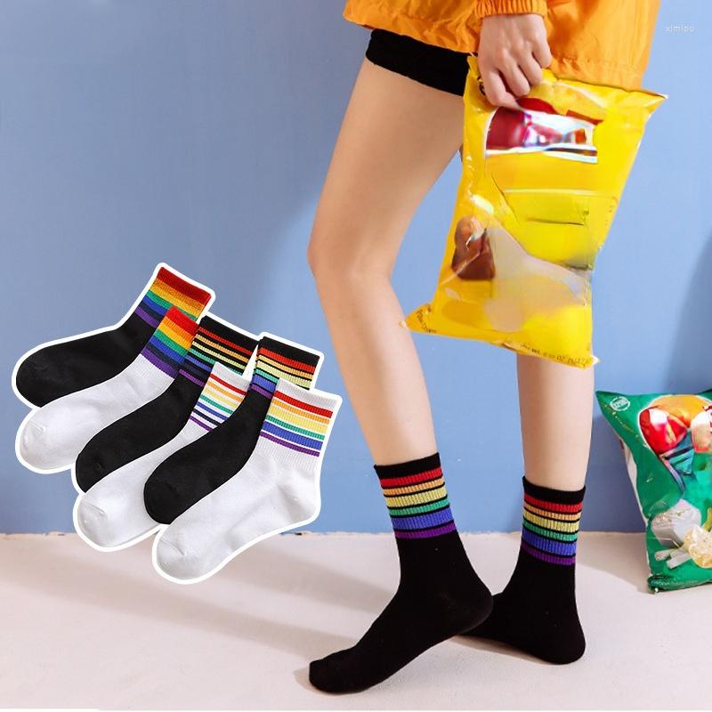 

Women Socks 3 Pairs/ Lot Harajuku Loose Rainbow Needles Knitting Colorful Striped Cotton Breathable, 02 3pairs