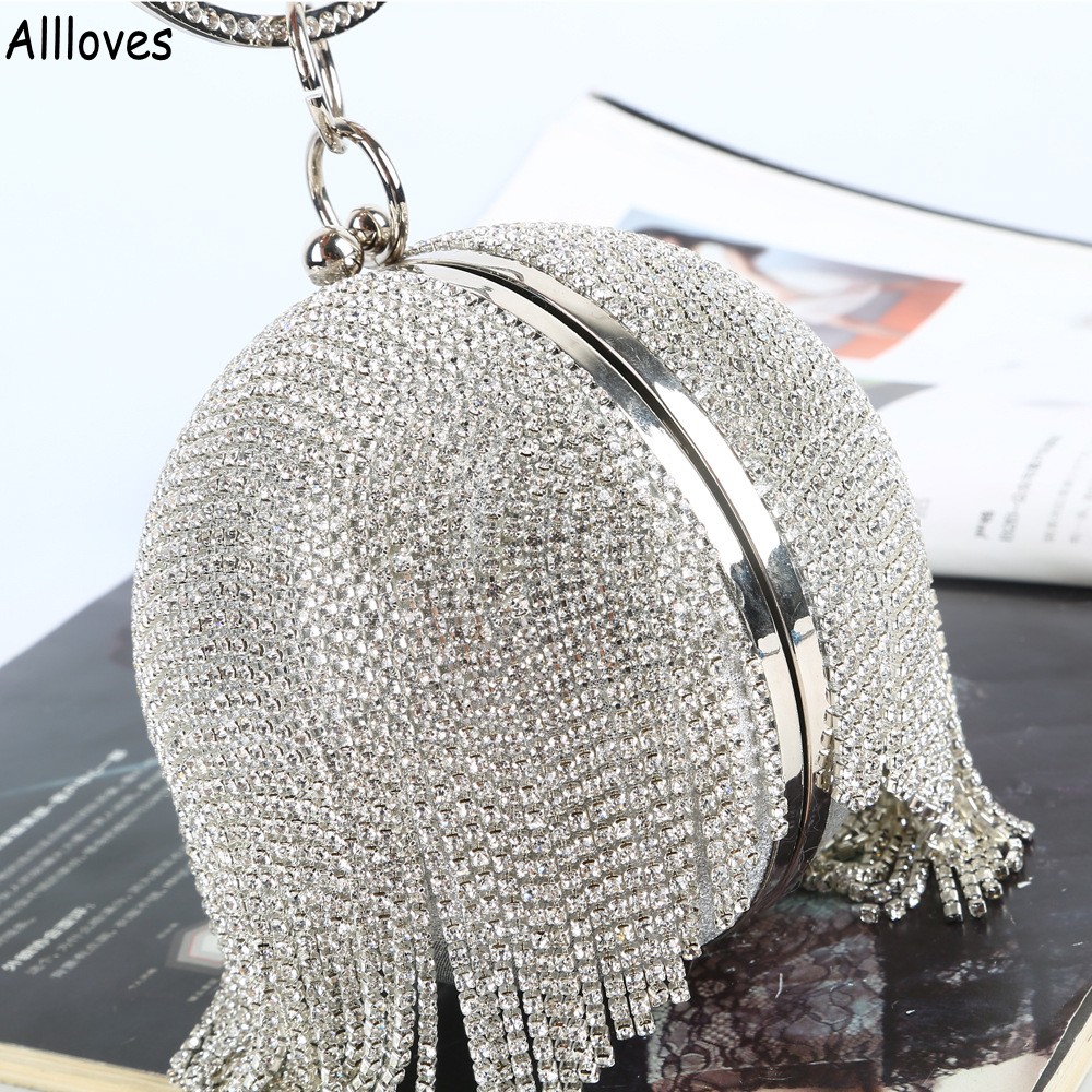 

Sliver Diamonds Rhinestone Round Ball Evening Handbags For Women Sparkly Crystals Fashion Mini Tassels Clutch Bag Ladies Ring Handbag Round Clutches CL1252