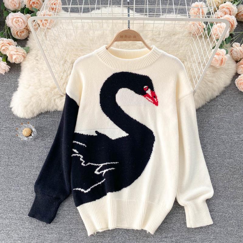 

Women's Sweaters Women's Casual Women Knitted Sweater Pullovers Autumn Winter O-neck Long Sleeve Cartoons Jacquard Swan Loose Knitwear, White