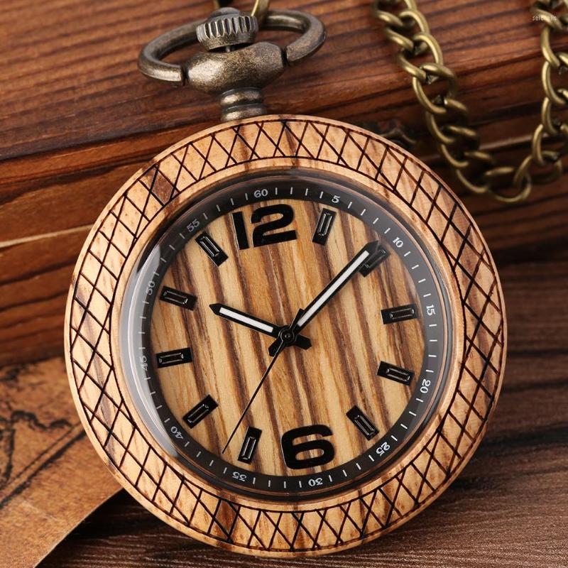 

Pocket Watches Retro Stylish Zebrawood/Ebony Watch Case Quartz Bronze Fob Men Wooden Pendant Man Clock, Ebony with box