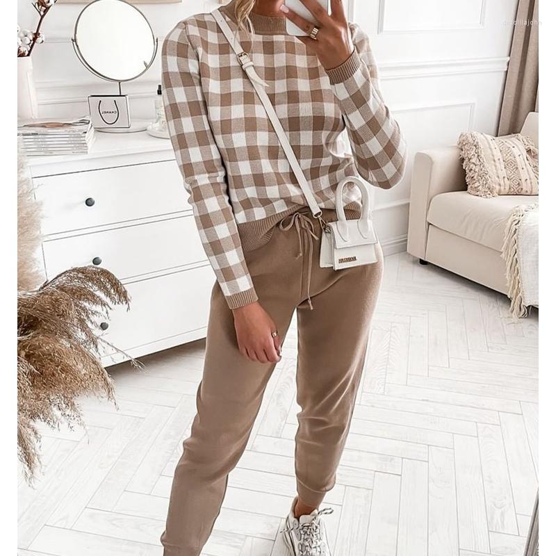 

Women' Two Piece Pants Mandylandy Khaki Plaid Sweater Suit Autumn Loose Sweaters Pullovers 2pcs Sets Outfits Knitted Trousers Clothing For