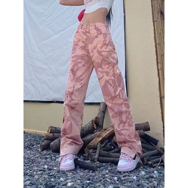 

Women' Pants  Pink camouflage overall ' high street American retro trend waist wide leg pants casual straight y2k 221011