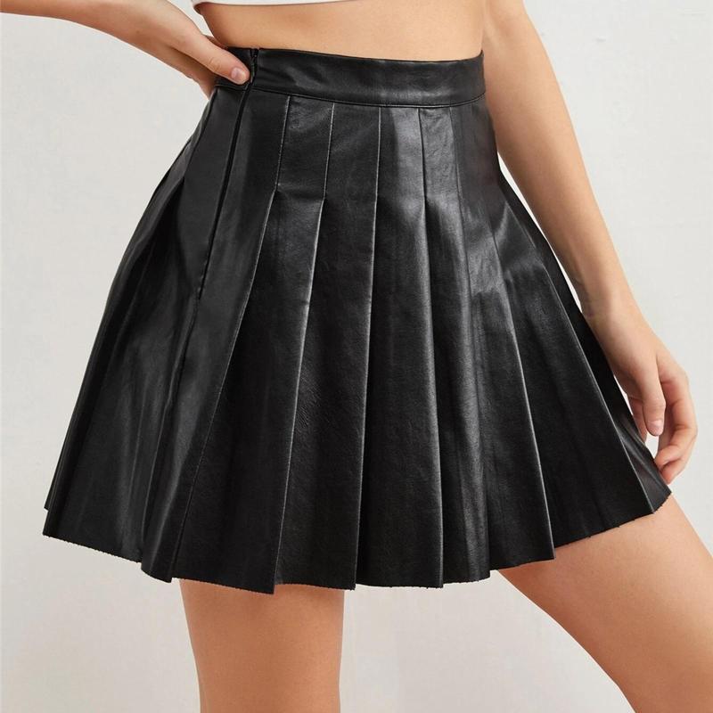 

Skirts Women' Gothic Harajuku Faux Leather Korean Fashion Solid Color Mini Pleated 2022 Autumn Party Pu Saias #T1G, Black