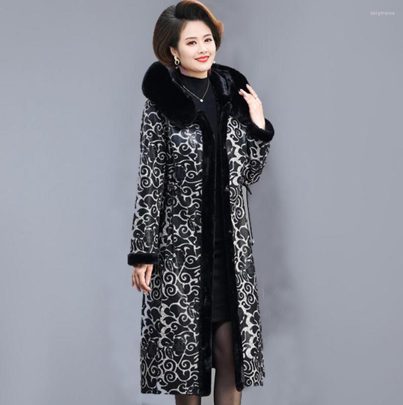 

Women's Down Mother Wear Winter Clothes Women Plus Velvet Size Fur One Thickening Middle-aged Long Coat Flower Cotton Jacket /M-5XL