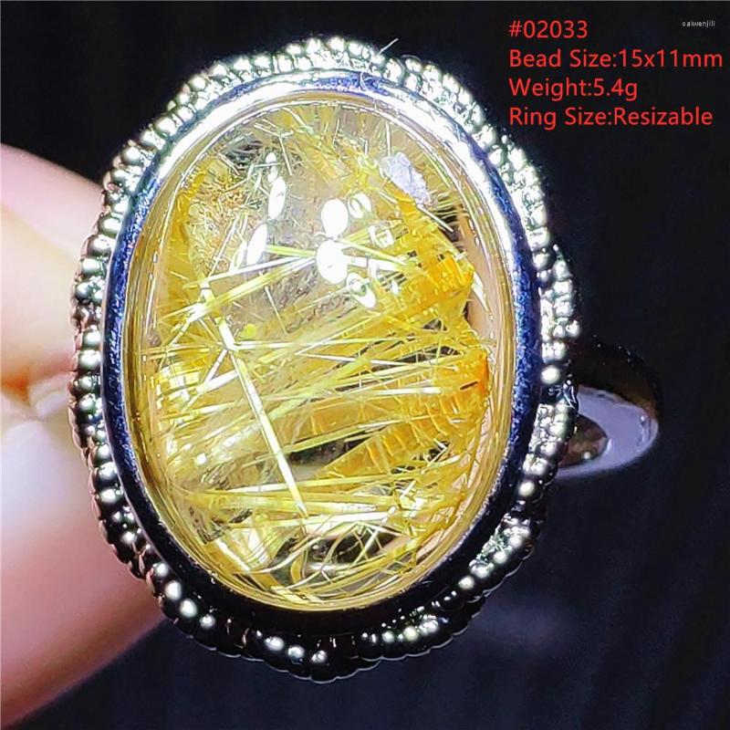 

Cluster Rings Natural Gold Rutilated Quartz Adjustable Ring Yellow Clear Woman Men Wealthy Stone Jewelry
