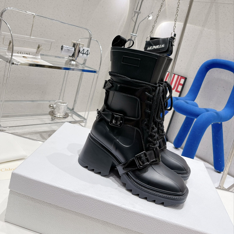 

Luxury high-end designer women's half boots with lace up and buckle mid heel square toe shoes rain boots zippers calf wear resistant thick soles, Brown