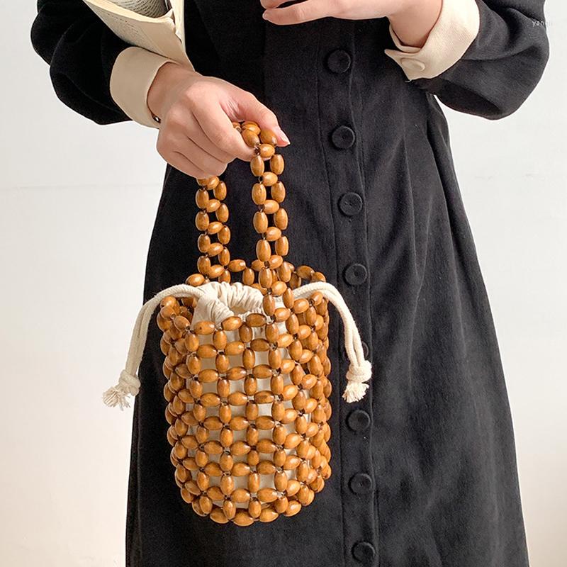 

Evening Bags Summer Women Handbag 2022 Women's Portable Bucket Bag Drawstring Hand Woven Fashion Wooden Bead Beach, Brown