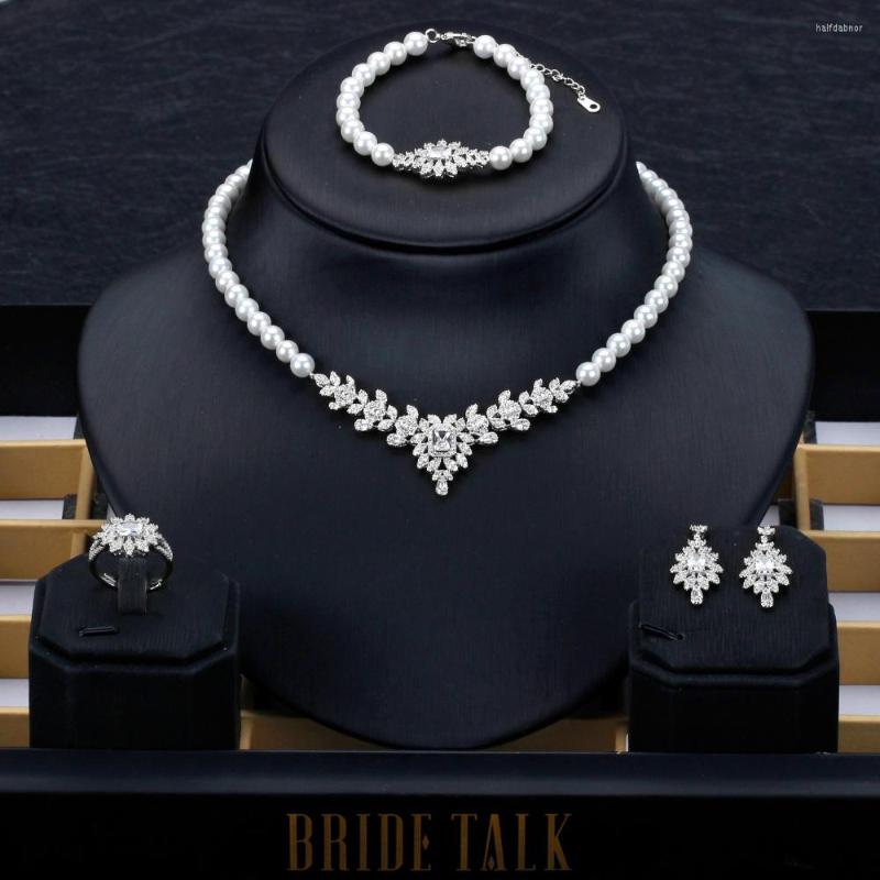 

Necklace Earrings Set 4PCS Pearl CZ Jewelry Exquisite Cubic Zircon Bracelet Ring For Women Wedding Party Accessories Gift, Picture shown