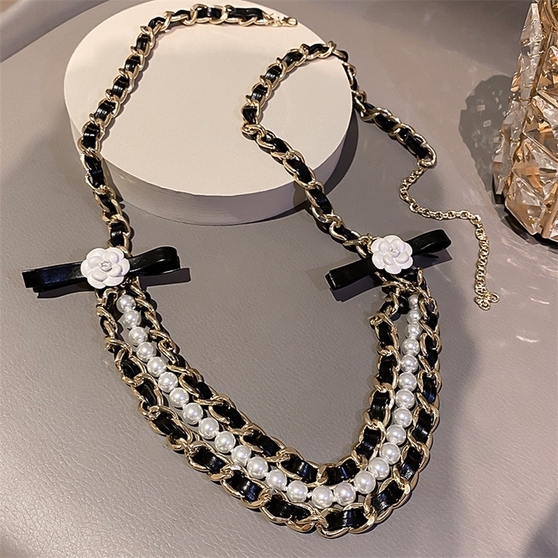 

Waist Chain Belts Korean Fashion Camellia Pearl for Women High Quality Ladies Leather Belt Accessories Party Design 221010, Black
