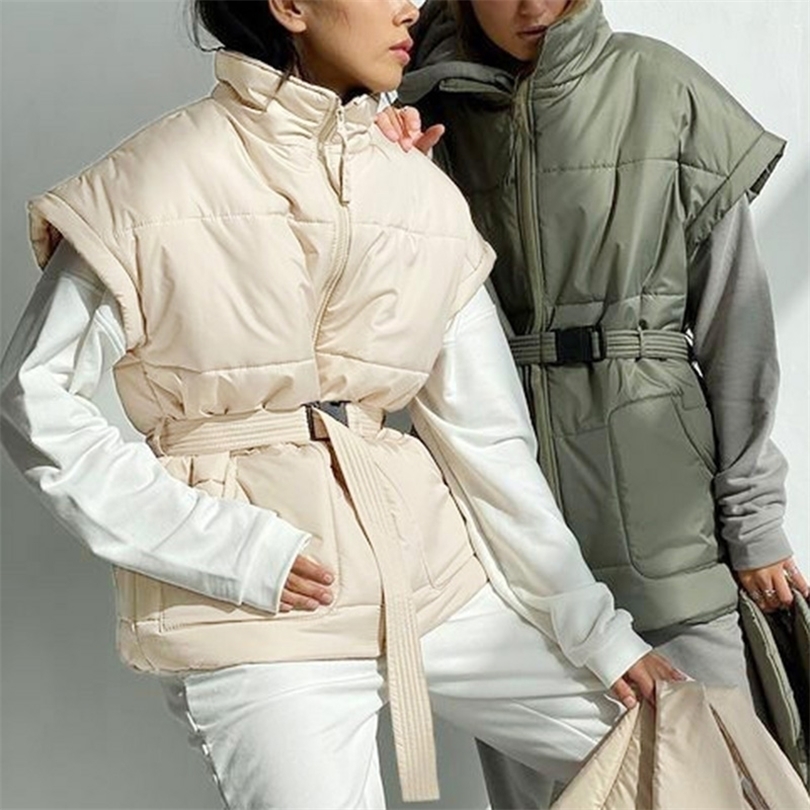 

Womens Vests Fashion Stand Collar Vests Women Elegant Tie Belt Waist Coats Women Shrug Zipper Casual Pockets Spring Vests Ladies 221010, Beige