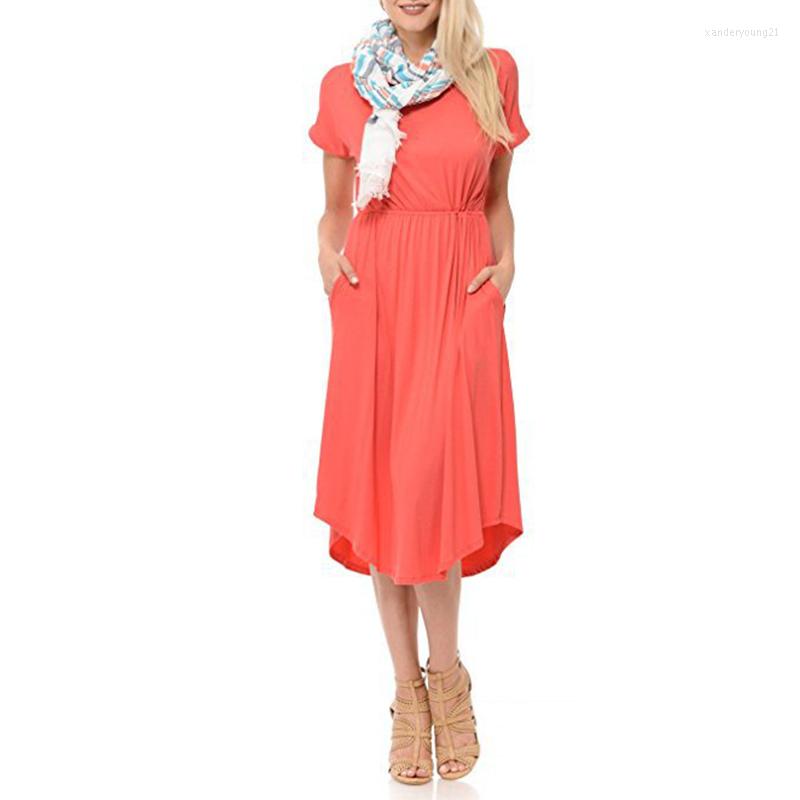 

Party Dresses Evening Clubwear Women Solid Mid Calf Dress Summer Bohemian A-Line Female Short Sleeve Pockets 2022 GV515, Yellow long