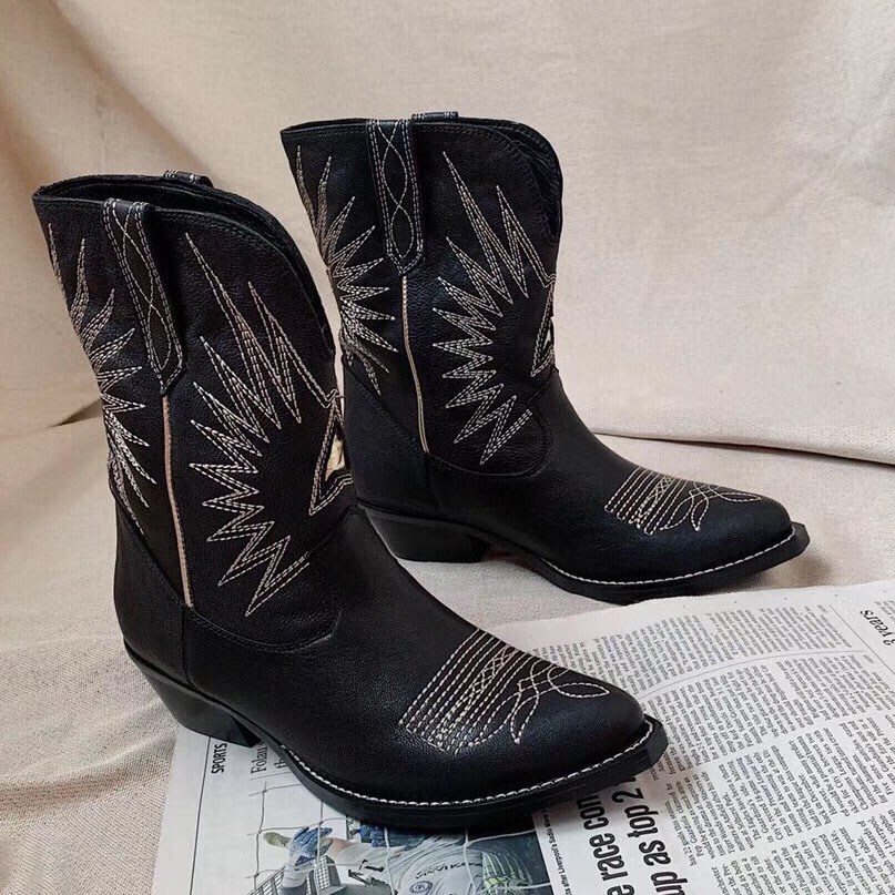 

Ankle Biker Cowgirl Boots cowboy heel pull-on Embroidered booties leather outsole Slip toe Western boot women luxury designers shoes factory Footwear, White