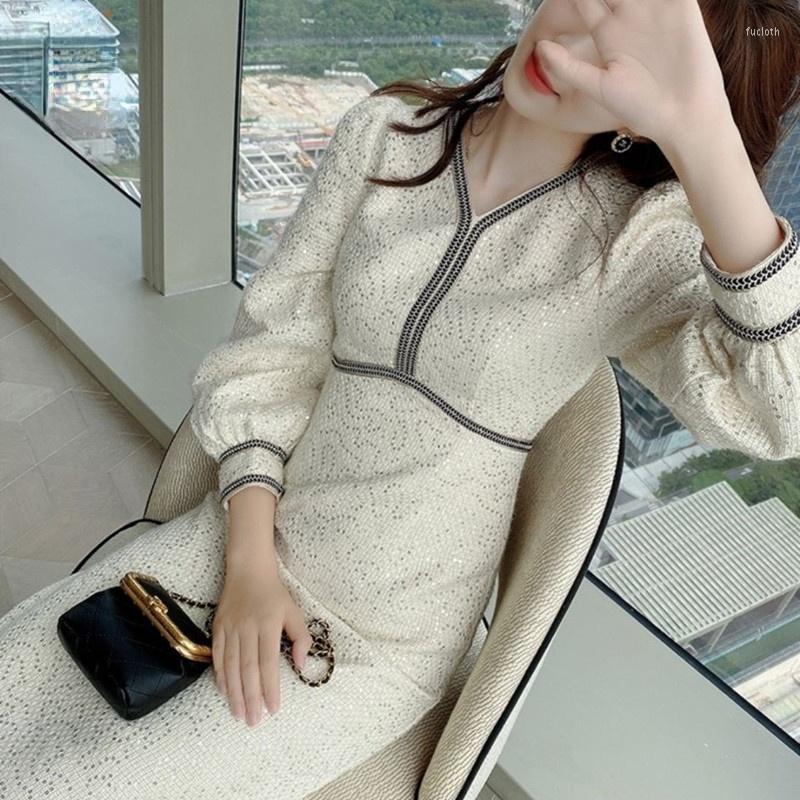 

Casual Dresses 2022 Ladies Long Sleeved Sequins Woolen Dress For Women Winter Runway Style Temperament Slim Tweed Vestidos, Photo color