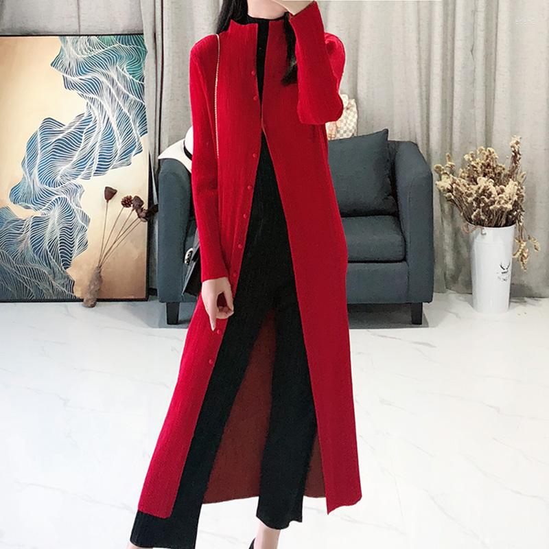 

Women's Trench Coats Spring Miyake Fold Fashion Single-row Button Double-layer Thickened Double-sided Long Windswear, Red coffee