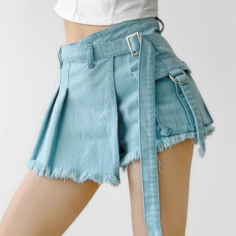 

Skirts Women Buckle Detail Wrap Denim Skort With Functional Pocket, Black