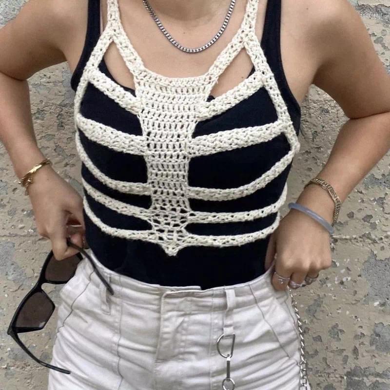 

Women's Vests Jacket Blazer VestGothic Skeleton Bones Knitted Outwear Hollow Out Cover-up Y2K Aesthetic Vintage Crop Top Harajuku, White