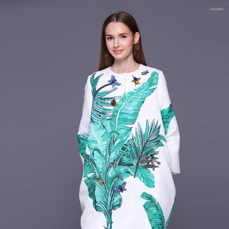 

Women' Trench Coats High Quality Est Nice Fall Winter Runway Designer Women' Banana Leaves Print Jacquard Crystal Beading Coat, Picture shown