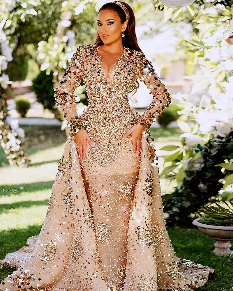 

2022 Arabic Aso Ebi Gold Sparkly Luxurious Prom Dresses Beaded Crystals Sheer Neck Evening Formal Party Second Reception Gowns Dress, Yellow