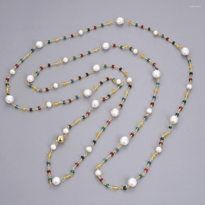 

Chains 70'' Multi Color Faceted Agates White Keshi Pearl Long Necklace Sweater Chain Cute For Women
