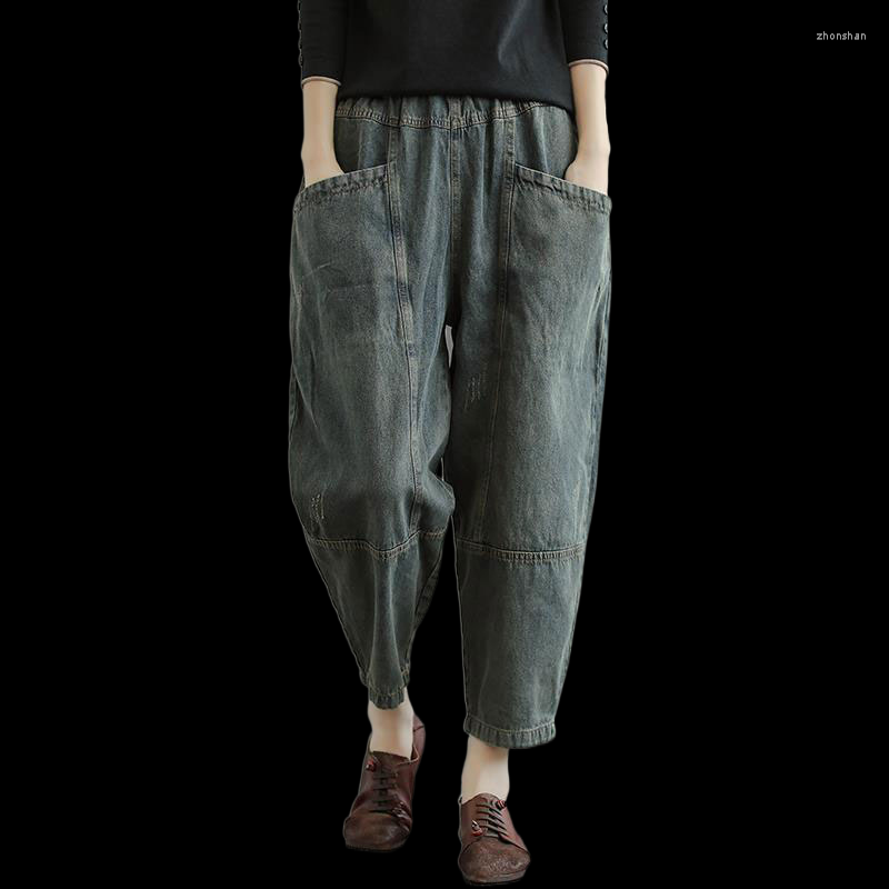 

Women's Jeans Spring Autumn Woman Elastic Waist Loose Double Pocket Casual Cotton Denim Harem Pants Plus Size Trousers Mujer 2022 Black