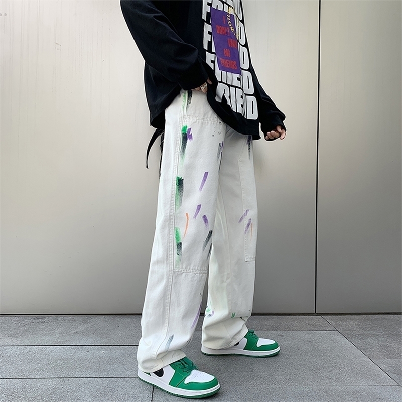 

Women's Pants s Ink Splash Wide Leg High Street Men' Vintage Distressed Jeans Autumn Straight Mopping 221011, Black