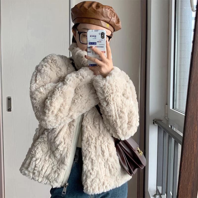 

Women' Fur Stand Collar 2022 Winter Women Thick Warm Zipper Cute Fake Rex Rabbite Jackets Korean Loose Faux Coats A271, Apricot