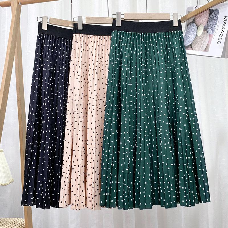 

Skirts Spring Green High Waist Pleated Skirt Women Fashion Korean Printed Polka Dot Female Casual Long Sun School, Beige