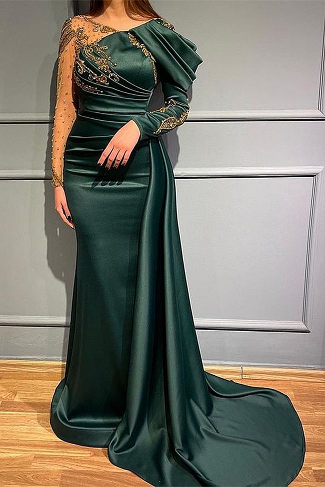 

2023 Emerald Green Prom Dresses Bling Gold Crystal Beads Long Sleeves V Neck Illusion Satin Mermaid Plus Size Formal Party Dress Evening Gowns, Gray