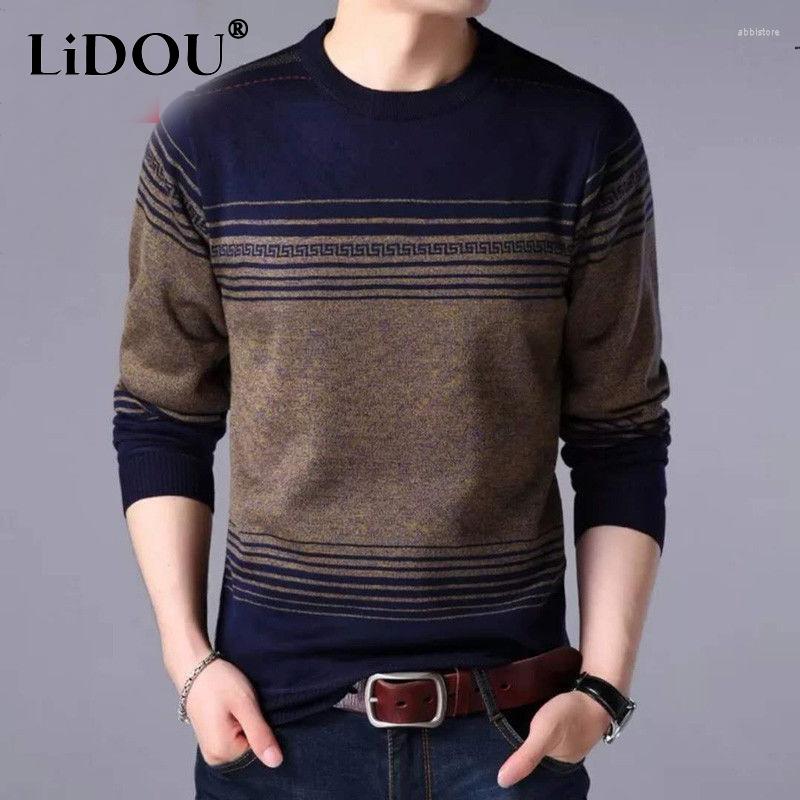 

Men's Sweaters Autumn Winter Casual Loose Vintage Striped Man Long Sleeve All Match Pullover Male Keep Warm Fashion Gentmen Clothes, 609 brown