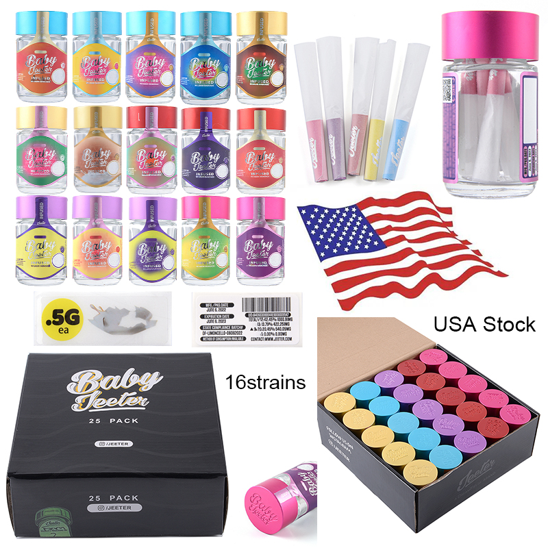 

Baby Jeeter Infused Usa Warehouse e Cig Accessories 0.5g 2.5g Glass Jars Wax Container Dry Herb Storages Empty Bottle with Prerolling Papers 16Strains