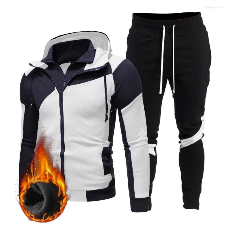 

Men's Hoodies 2022 Men's Fashion Hooded Stitching Zipper Jacket Pants 2 Piece Suit Autumn And Winter Sweatshirt Casual Fleece