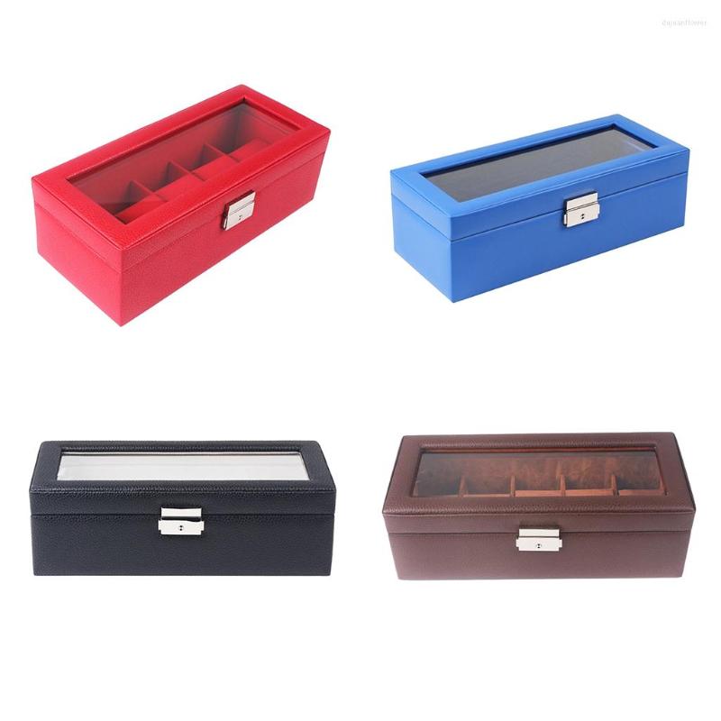 

Watch Boxes 5 Slots PU Leather Display Box Case Clear Glass Top Locking Storage Organizer For Men's Watches