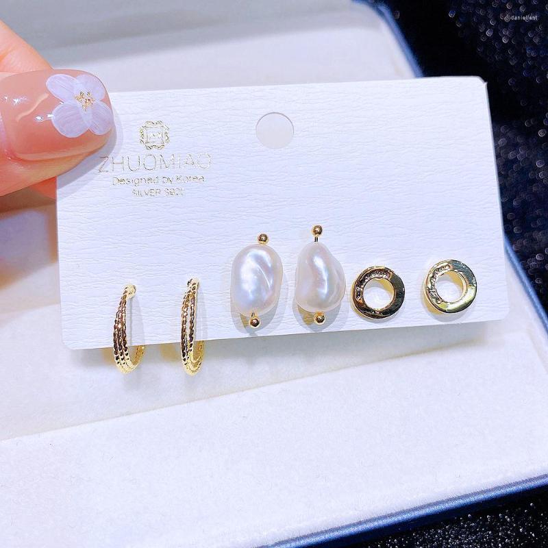 

Stud Earrings Trend 3 Pairs Gold Color Plated Pearl Metal Geometric Set Women Jewelry