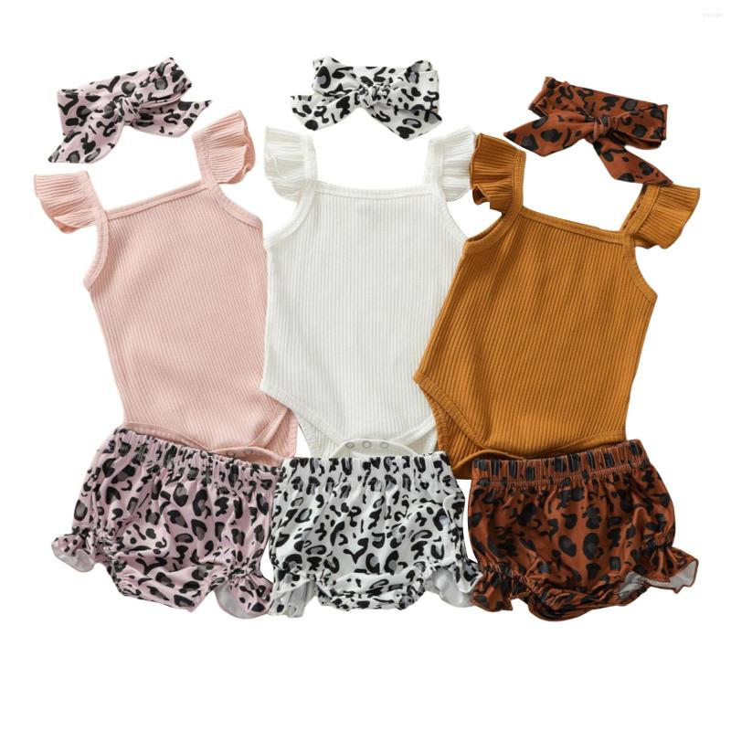 

Clothing Sets 3Pcs Baby Summer Outfits Pure Color Ruffle Sleeves Romper Leopard Print Shorts Hairband For Toddler Girls 0-18 Months, Brown