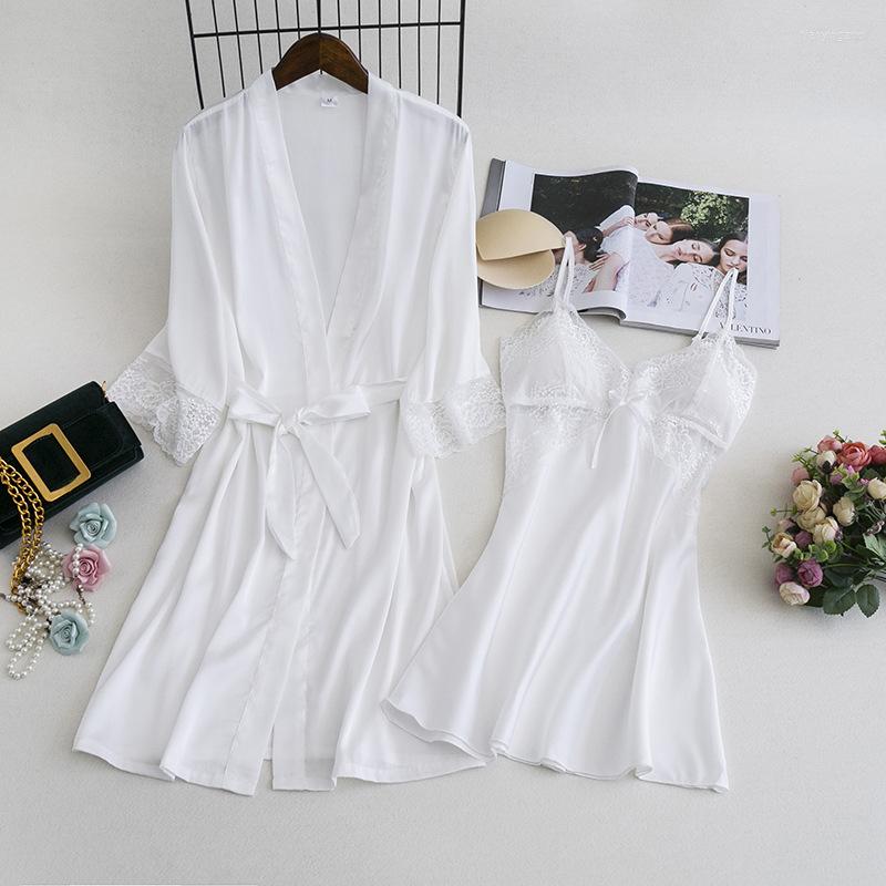 

Women's Sleepwear Spring Women Imitation Silk Bathrobe Nightgown Home Dress Halter Gown Lounge Negligee Pajamas Casual Sleep Set 2PCS