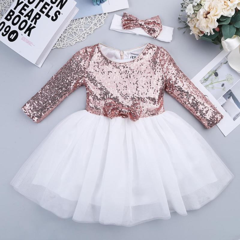 

Girl Dresses Fashion Long Sleeve Sequin Lace Tulle Dress Prom Gown For Girls Wedding Party Birthday Evening Princess Vestidos, Rose gold