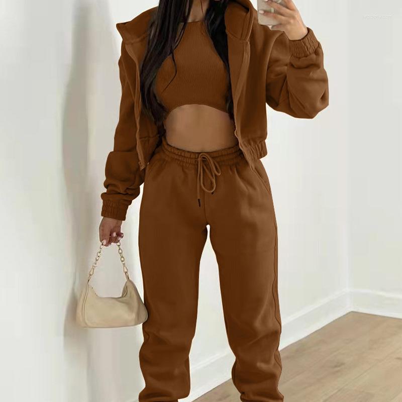 

Women' Two Piece Pants 2022 Autumn Winter Solid Fleece 3pcs Outfits Women Sexy Ribbed Crop Top Hooded Coat Sportswear Suit Casual Lady, 07 black