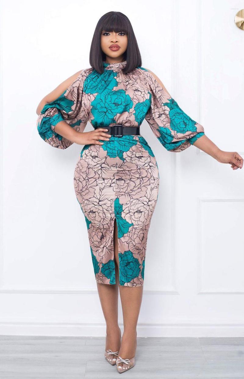 

Casual Dresses Autumn Fashion Dress Women' Printed Hollow Out Sleeves Split High Waist Hip Wrap Elegant Commuter Fitted Women, Blue