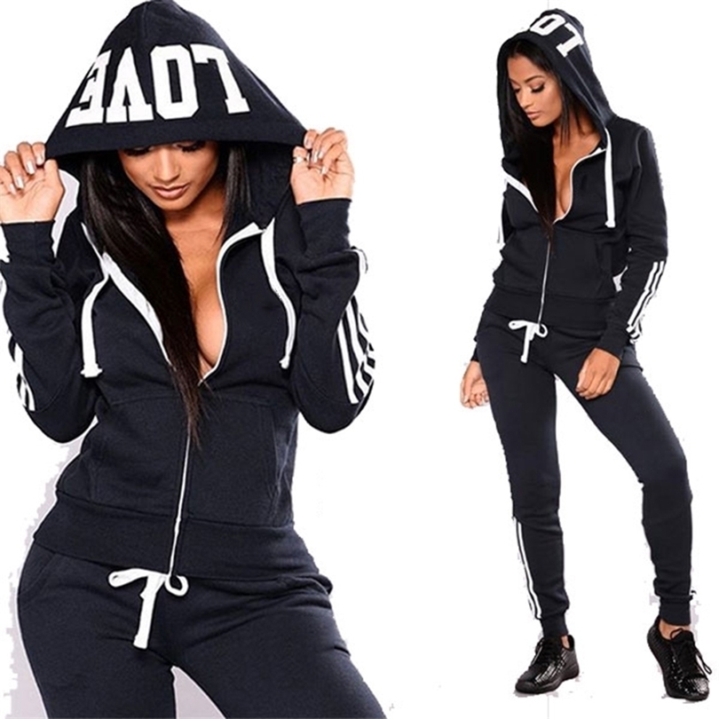 

Two Piece Dress Spring Tracksuit Women 2 Piece Set Print HoodiesPants Sportwear Womens Sports Suit Hooded Zippers Sweatshirt Set Female 221010, Black