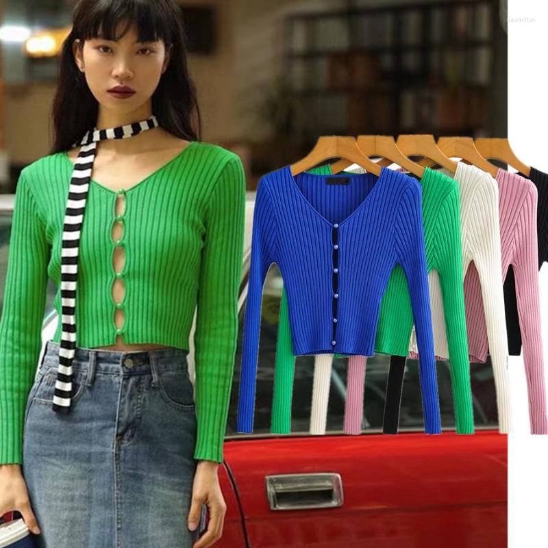 

Women's Knits Jenny&Dave 2022 SummerCardigans Women Ins Fashion Blogger High Street Retro Pearls Button V-neck Sexy Short Knitted Tops, Green