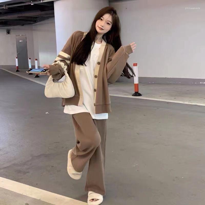 

Women's Two Piece Pants Fashion Suit Women's Autumn 2022 Cardigan Knitted Jacket Wide-leg Two-piece., Khaki wide leg pants