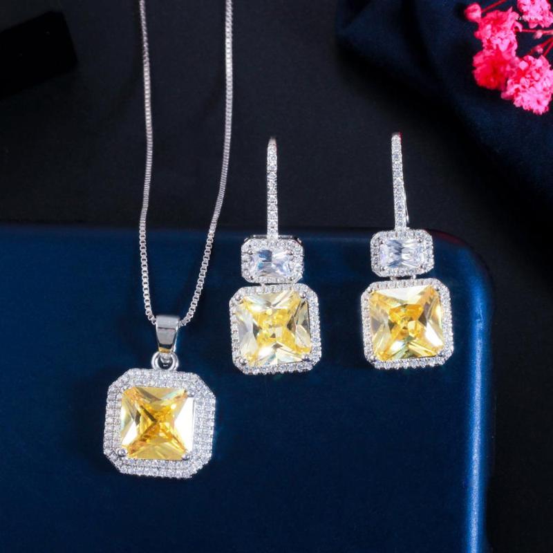 

Necklace Earrings Set ThreeGraces Shiny Yellow Cubic Zirconia Crystal Silver Color And Pendant For Women Fashion Jewelry JS556, Picture shown
