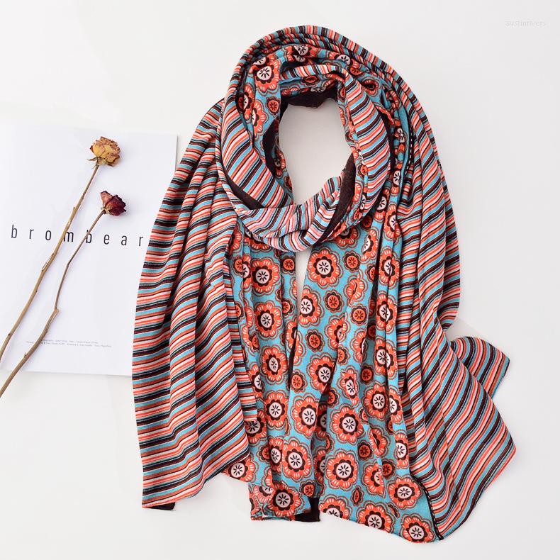 

Scarves 2022 Flower Print Shawls Long Stripe Scarf Hijab Wrap 10pcs/LOT Wholesale