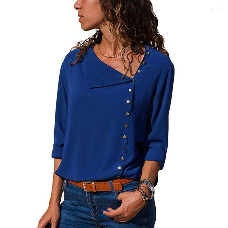 

Women's Blouses Summer 2022 Women's Solid Color Long Sleeve Diagonal Neck Chiffon Shirt Casual Loose Plus Size Elegant Workwear, Royal blue