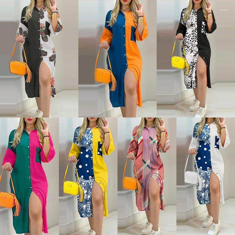 

Casual Dresses Commuter Patchwork Dress Sexy Printed Single-breasted Women Shirt Turn-down Collar Three Quarter Sleeve Ladies Clothes, Orange