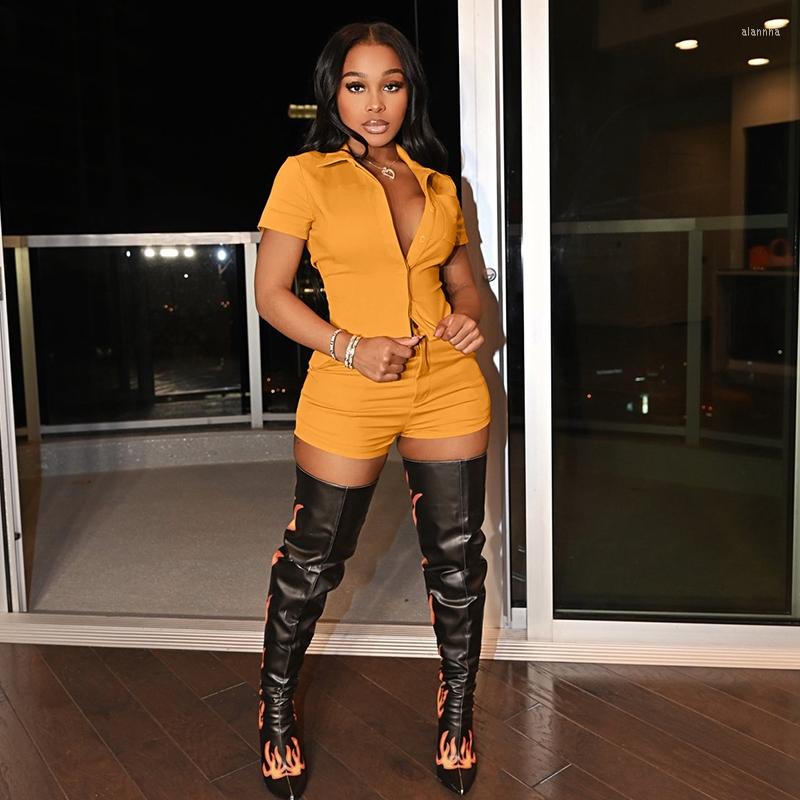 

Women' Tracksuits TNNAOFF Solid Two Piece Set For Women Short Sleeve Button Shirt Tops Summer Sexy Pocket Biker Shorts Lounge Wear Matching, Black